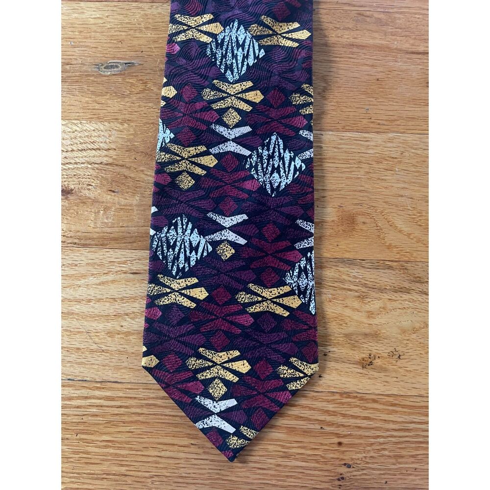 Matrix 100% Silk Necktie Abstract Geometric Burgundy Black Gold Wide 4"
